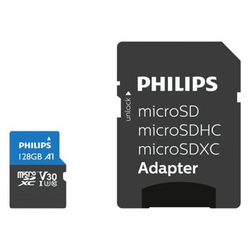 Карта памет 128GB microSDXC с адаптер, Philips FM12MP65B/00, UHS-I U3 V30, скорост на четене до 100MB/s, скорост на запис до 45MB/s | JAR Computers Philips FM12MP65B/00