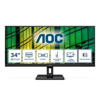 Монитор AOC U34E2M, 34" (86.36 cm) VA панел, 100Hz, WQHD, 4 ms, 20M:1, 300 cd/m2, DisplayPort, HDMI, Headphone out | JAR Computers AOC U34E2M