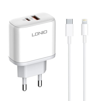 Зарядно устройство LDNIO A2526C, от контакт към 1x USB Type-C (ж), Type-А (ж), 5V/4.5A, бял, кабел от USB Type-C (м) към Lightning (м) | JAR Computers Зарядно устройство LDNIO A2526C 40288