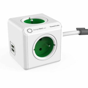 Разклонител DesignNest PowerCube Extended 1402GN, 4 гнезда, тип "куб", 2x USB-A, 1.5m кабел, зелен | JAR Computers DesignNest PowerCube Extended 1402GN
