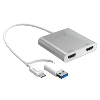 Адаптер j5create JCA365, от USB-A(м)/USB-C(м) към 2x HDMI(ж), сив, 4K@30Hz | JAR Computers j5create JCA365