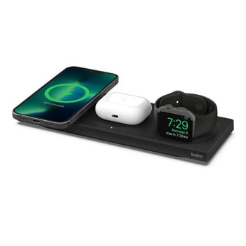Безжично зарядно устройство Belkin BoostCharge Pro 3-in-1 Wireless Charging Pad, MagSafe технология, поставка за зареждане на смарт часовник Apple Watch, поставка за зареждане на слушалки Apple AirPods, черно | JAR Computers Belkin BoostCharge 3-in-1 Wireless Charging