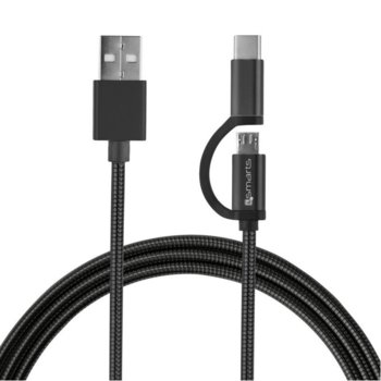 Кабел 4Smarts 4S468551, от USB A(м) към MicroUSB(м) + USB-C(м), 1m, черен | JAR Computers 4smarts ComboCord MicroUSB + USB-C Metal Cable