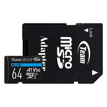 Карта памет 64GB microSDHC Team Group A1 с адаптер, Class 10 UHS-I, скорост на четене 100 MB/s, скорост на запис 50 MB/s | JAR Computers Team Group TEAUSDX64GIV30A103