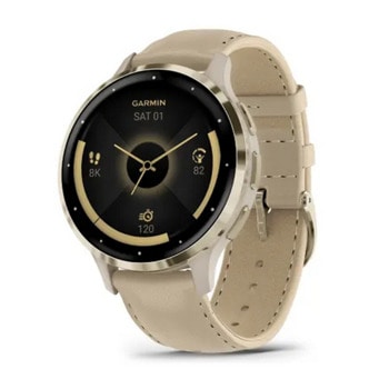 Смарт часовник Garmin Venu 3S, 1.2" (3.04cm) AMOLED дисплей, до 10 дни време на работа, 5ATM, Bluetooth, ANT+, Wi-Fi, GPS, пулсомер, следене на съня, кожена каишка, златист безел със сив корпус | JAR Computers Garmin Venu 3S Soft Gold French Grey 010-02785-55