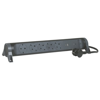 Разклонител Legrand 694514, 5 гнезда, 1x USB-A(ж)/1x USB-C(ж), защита от пренапрежение, 1.5m кабел, черен | JAR Computers Legrand 694514