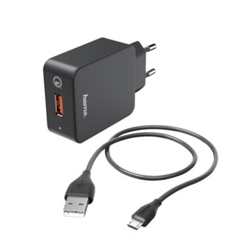 Зарядно HAMA 178336, от контакт към USB Type A(ж), 3A, черно, Quick Charge 3.0, в комплект с кабел USB Type A (м) към USB micro B (м) image