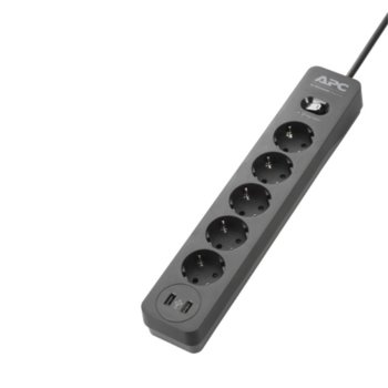 Разклонител APC Essential SurgeArrest 5, 5 гнезда, 2x USB, Surge Protection LED, 1.52 m кабел, черен image