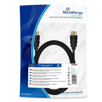 Кабел MediaRange MRCS210, от HDMI(м) към HDMI(м), 2.0m, черен, 10.2 Gbit/s, позлатени контакти | JAR Computers Кабел MediaRange MRCS210