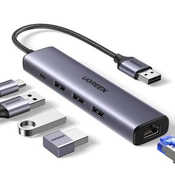 Докинг станция Ugreen CM475, от USB-A към 1x USB-C, 3x USB-A, 1x RJ45, сива | JAR Computers Ugreen CM475 60554