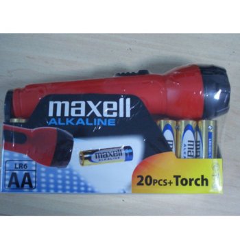 Батерии алкални Maxell AA, 1.5V, 20 бр. + ФЕНЕРЧЕ