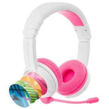 Слушалки BuddyPhones School+ (41243), детски, микрофон, AUX, конектор BuddyLink, 4бр. допълнителвни стикери, етикети за изписване на имена, розови | JAR Computers BuddyPhones School+ Pink 41243