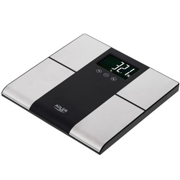 Електронен кантар Adler AD 8165, капацитет 225 кг, LCD дисплей с подсветка, измерва телесно тегло/загуба на тегло/хидратация/мускулна маса/калории/ИТМ, сребристо-черен | JAR Computers Adler AD 8165