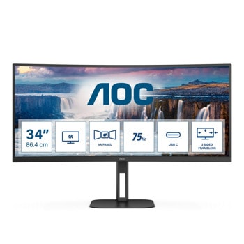 Монитор AOC CU34V5C/BK, 34" (86.36 cm) VA панел, 100Hz, UWQHD, 4ms, 20 000 000:1, 300cd/m2, DisplayPort, HDMI, USB Hub | JAR Computers AOC CU34V5C/BK