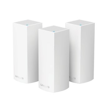 Рутер Linksys WHW0303, 2134Mbps, 2.4GHz/5GHz/5GHz(867+867+400Mbps), Tri-Band AC2200, 2x WAN/LAN auto-sensing Gigabit Ethernet ports, 6x вътрешни антени, четириядрен 716MHz процесор, 4GB Flash памет, 512MB RAM, 3x устройства | JAR Computers Linksys VELOP Whole Home Mesh Wi-Fi System WHW0303