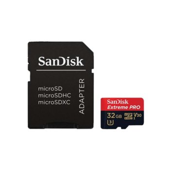 Карта памет 32GB microSDHC, Sandisk Extreme Pro с адаптер, Class 10 UHS-1 U3, скорост на четене 100MB/s, скорост на запис 90MB/s image