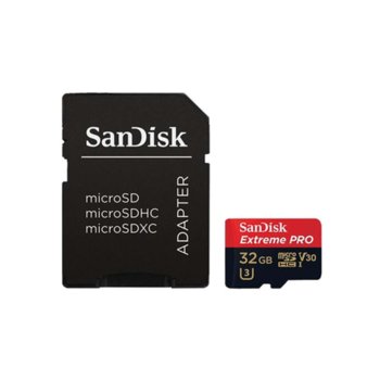 Карта памет 32GB microSDHC, Sandisk Extreme Pro с адаптер, Class 10 UHS-1 U3, скорост на четене 100MB/s, скорост на запис 90MB/s | JAR Computers Sandisk 32GB microSDHC Extreme Pro + SD Adapter