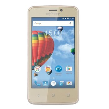 Смартфон myPhone Pocket (златист), поддържа 2 sim карти, 4" (10.16 cm) TN WVGA дисплей, четириядрен процесор 1.3 GHz, 512MB RAM, 4GB Flash памет(+microSD слот), 2.0 & 0.3 Mpix camera, Android | JAR Computers myPhone Pocket