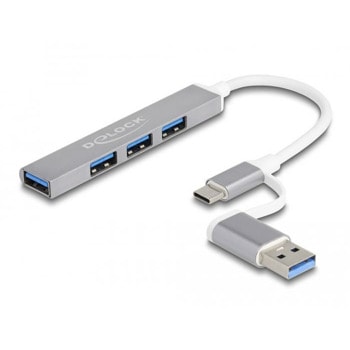 USB хъб Delock 64214, 4 порта, от USB Type-C/USB Type-A към 1x USB 3.0 Type-A, 3x USB 2.0 Type-A | JAR Computers Delock 64214