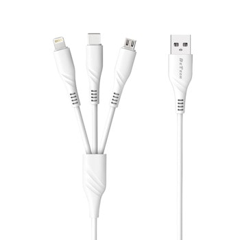 Кабел DeTech DE-C40, от USB A(м) към Lightning/USB C/Micro USB(м), 1m, бял | JAR Computers DeTech DE-C40 40203