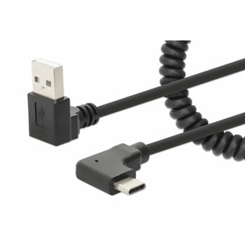 Кабел Manhattan 356220, от USB A(м) към USB C(м), спирален, ъглов, 1m, черен | JAR Computers кабел manhattan 356220