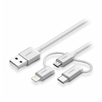 Кабел Ugreen 50203, от USB A(м) към USB Micro B(м)/USB C(м)/Lightning(м), 1m, бял | JAR Computers Кабел Ugreen 50203