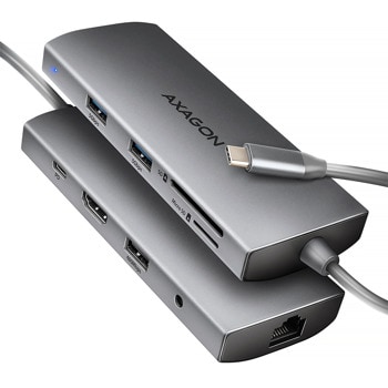 Докинг станция Axagon HMC-8HLSA, от USB-C към 1x USB-C(PD), 3x USB-A, 1x HDMI, 1x AUX, 1x RJ45, 1x SD/MicroSD четец, сива | JAR Computers Докинг станция Axagon HMC-8HLSA