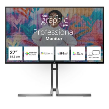 Монитор AOC U27U3CV, 27" (68.58cm) IPS панел, 4К/UHD, 4ms, 50 000 000:1, 350cd/m2, DisplayPort, HDMI, USB, USB-C, LAN | JAR Computers AOC U27U3CV