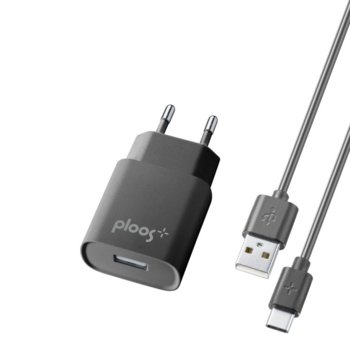 Зарядно устройство Ploos 6551 с включен USB Type-C кабел, от контакт към USB A(ж), 220V/2A, черно | JAR Computers Зарядно за ел.мрежа 220V Ploos Type-C кабел 2А