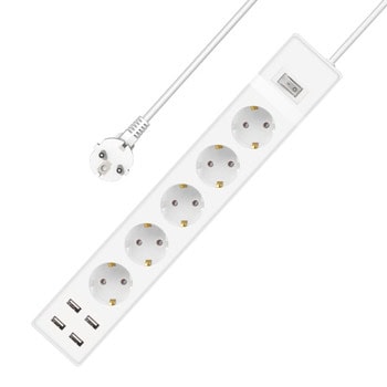 Разклонител 17890, 5 гнезда, 4x USB-A, бутон за вкл./изкл., 3m кабел, бял | JAR Computers Разклонител 17890