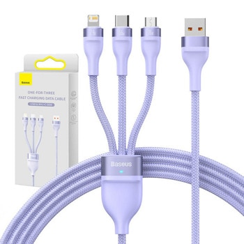 Кабел Baseus Flash Series II CASS040005, от USB A(м) към USB C(м) / microUSB(м) / Lightning(м), 1.2m, 66W, лилав | JAR Computers Baseus Flash Series II CASS040005