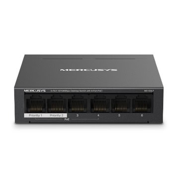 Суич Mercusys MS106LP, 100 Mbps, 6 порта, 6x 10/100 RJ45 (4x PoE+) | JAR Computers Mercusys MS106LP