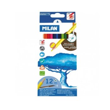 Цветни моливи акварил Milan, 12 броя, с четка | JAR Computers Цветни моливи акварил Milan с четка 12 броя