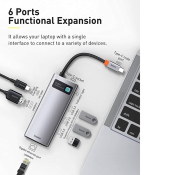 Докинг станция Baseus Metal Gleam Series 6-in-1, от 1x USB C към 1 x USB C (PD), 3x USB, 1x HDMI, 1x RJ45, сива | JAR Computers Baseus Metal Gleam Series CAHUB-CW0G