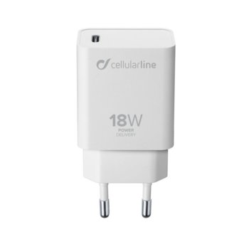 Зарядно устройство Cellularline, от контакт към USB Type C (ж), 18W, Qualcomm® Quick Charge, бяло | JAR Computers CellularLine Power Delivery USB-C, 18W, White