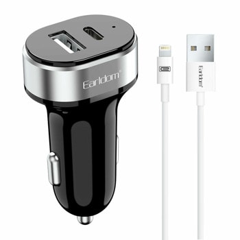 Зарядно устройство за кола Earldom ES-CC14 40242, от автомобилна запалка към 1x USB A(ж), 1x USB C(ж), 2.4A, черно, с включен кабел USB към Lightning, 1m, бял | JAR Computers Earldom ES-CC14 40242