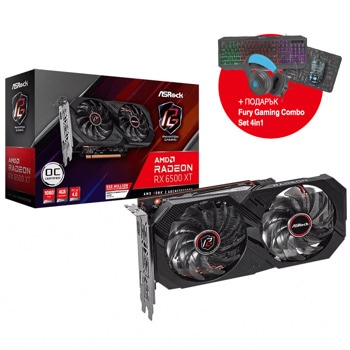 Видео карта AMD Radeon RX 6500 XT с подарък комплект клавиатура, мишка, пад и слушалки Fury Gaming Combo Set 4in1 Thunderstreak NFU-1674, 4GB, ASRock Phantom Gaming D OC, PCI-E 4.0, GDDR6, 64bit, DisplayPort, HDMI | JAR Computers ASRock RX 6500 XT Phantom Gaming D OC 4GB + Gaming