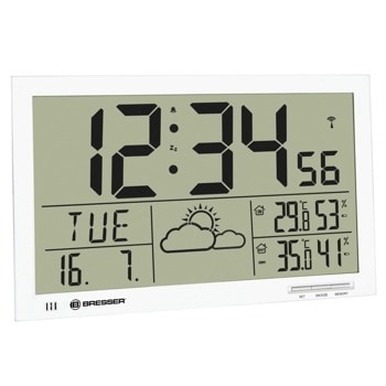 Часовник/будилник Bresser MyTime Jumbo LCD, цифров термометър, влагомер, часовник, будилник, календар, монтаж на стена, сгъваема стойка, бял image
