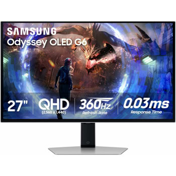 Монитор Samsung Odyssey OLED G6 LS-27DG602S (2024), 27" (68.58cm) OLED панел, 360Hz, QHD, 0.03ms, HDR10, 250cd/m2, DisplayPort, HDMI, USB Hub | JAR Computers Samsung Odyssey OLED G6 G60SD LS27DG602SUXEN