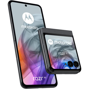 Смартфон Motorola Razr 50 (сив), поддържа 2 SIM карти, 6.9" (17.52cm) Foldable LTPO AMOLED 120Hz HDR10+ дисплей, осемядрен MediaTek Dimensity 7300X 2.5GHz, 8GB RAM, 256GB Flash памет, 50 + 13 & 32 Mpix камери, Android, 188.4g | JAR Computers Motorola Razr 50 Koala Grey 8/256GB PB200012PL