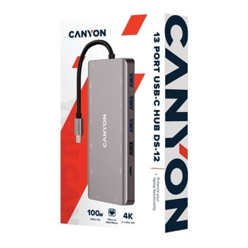 Докинг станция Canyon CNS-TDS12, интерфейс USB-C към 2x HDMI, 1x VGA (D-SUB), 1x USB-C, 1x USB-C PD, 2x USB 3.0, 1x USB 2.0, RJ45 (1Gbps), 3.5mm audio jack, 1x SD/microSD, тъмно сив image