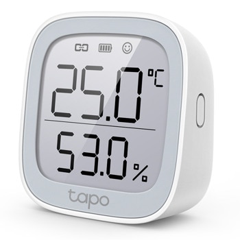 Смарт сензор за температура и влажност TP-Link Tapo T315, съвместим само с Tapo Smart Hub, универсален монтаж, включване/изключване на електроника в дома, работи с батерии 2x AAA, бял | JAR Computers TP-Link Tapo T315