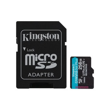 Карта памет 256GB MicroSDXC с адаптер, Kingston Canvas Go! Plus (SDCG4/256GB), UHS-I U3 V30, скорост на четене до 200MB/s, скорост на запис до 160MB/s | JAR Computers Kingston 256GB Canvas Go! Plus SDCG4/256GB