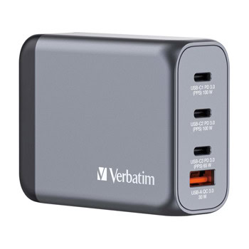 Зарядно устройство Verbatim GNC-100, от EU/UK/US към 3x USB C(ж), 1x USB A(ж), 20V/5A, сиво, 100W, QC 3.0 | JAR Computers Зарядно устройство Verbatim GNC-100 32202