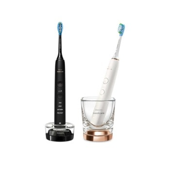 Ел. четки за зъби PHILIPS DiamondClean 9000, до 14 дни живот на батерията, Bluetooth, до 62 000 движения в /мин, черно и розово злато, 2 броя Глави за четка C3 Premium Plaque Defense, зареждаща чаша | JAR Computers PHILIPS Diamond Clean HX9914/57