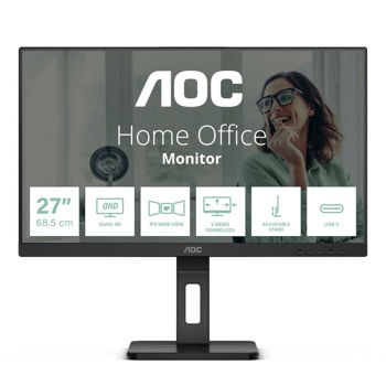 Монитор AOC Q27P3CV, 27" (68.58 cm) IPS панел, 75Hz, QHD, 14ms, 50 000 000:1, 350 cd/m2, Displayport, HDMI, USB-C, USB, LAN | JAR Computers AOC Q27P3CV