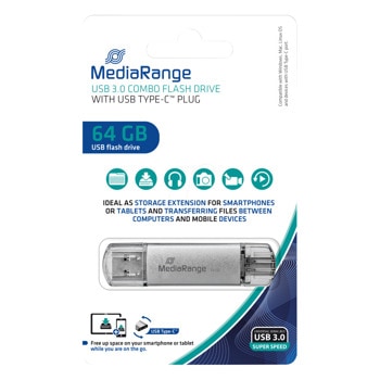 Памет 64GB USB Flash Drive, MediaRange MR937, USB 3.0 Type A/C, сребриста | JAR Computers USB 3.0 Type A/C 64GB MediaRange MR937