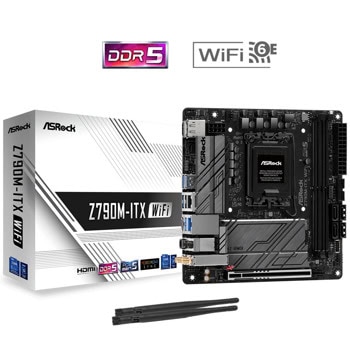 Дънна платка ASRock Z790M-ITX WIFI, Z790, LGA1700, DDR5, PCI-E 5.0 (DP&HDMI), 2x M.2, 4x SATA 6Gb/s, 4x USB 3.2 Gen 2 Type-A, 1x USB 3.2 Gen 2x2 Type-C, 2.5GbE LAN, Wi-Fi 6E, Bluetooth 5.3, Mini-ITX | JAR Computers ASRock Z790M-ITX WIFI