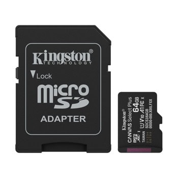 Карта памет 64GB microSDHC с адаптер, Kingston Canvas Select Plus, Class 10 UHS-I, скорост на четене до 100MB/s | JAR Computers Карта памет 64GB microSDHC Kingston