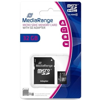 Карта памет 32GB microSDXC, с SD адаптер, MediaRange MR959, Class 10, скорост на четене 45MB/s, скорост на запис 15MB/s | JAR Computers MediaRange MR959